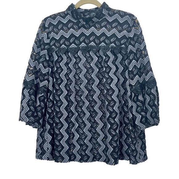 Anna Sui Top Blue Black Chevron Lace Bell Sleeve High Neck Cottagecore Large - Picture 1 of 10